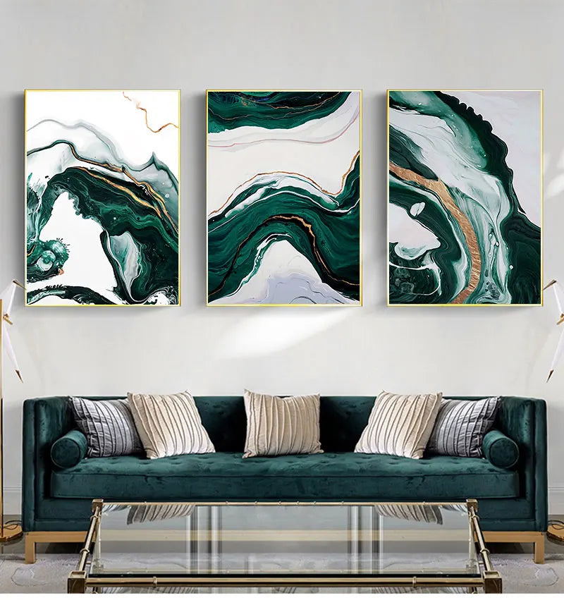 Modern Abstract Gold Foil Lines Green Canvas Art Painting