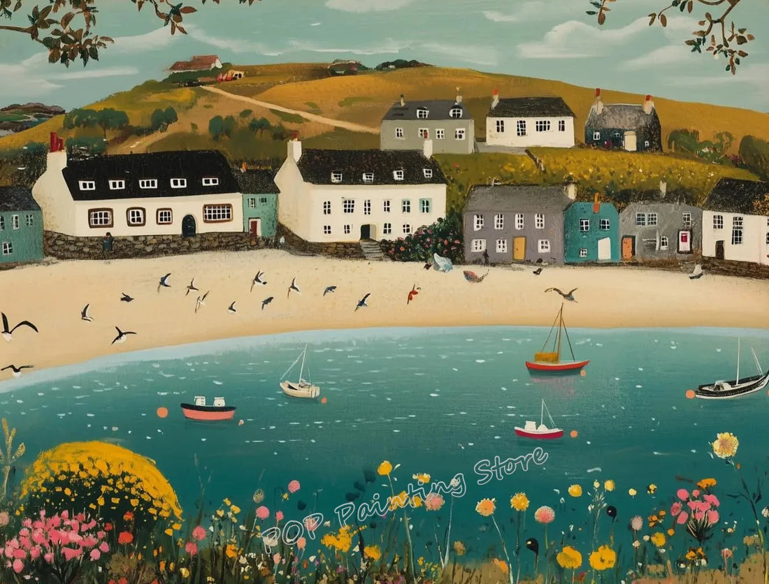 Canvas Painting Coastal Village Gallery Wall Set
