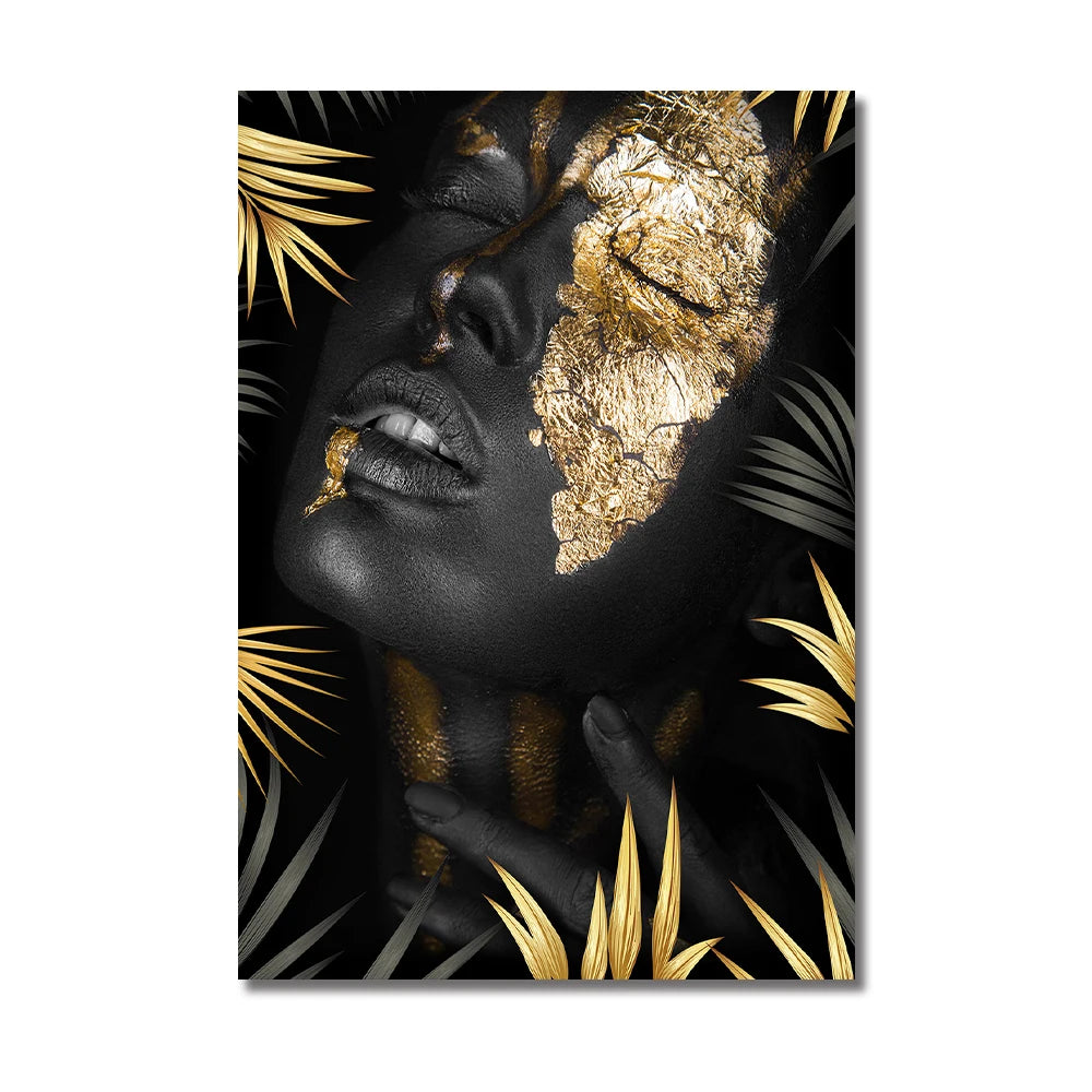 African Makeup Woman Black Gold Leaf Canvas Art