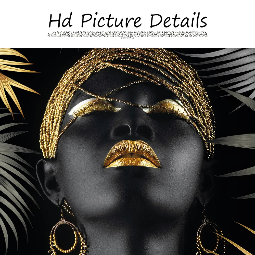 African Makeup Woman Black Gold Leaf Canvas Art