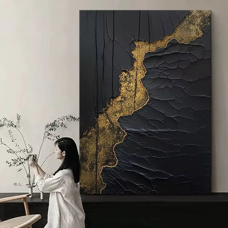 Modern Black Gold River Hand-Painted Oil Canvas