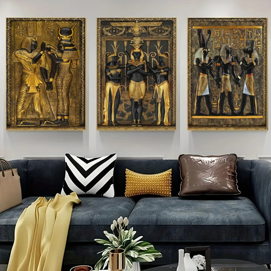 3PC Vintage Egyptian Black & Gold Canvas