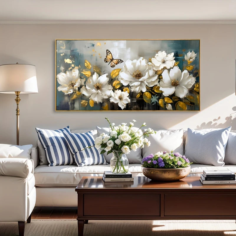 White Flower Golden Leaf Butterfly Canvas Poster