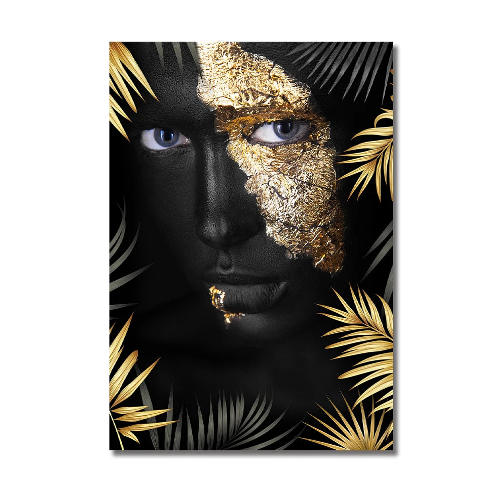 African Makeup Woman Black Gold Leaf Canvas Art
