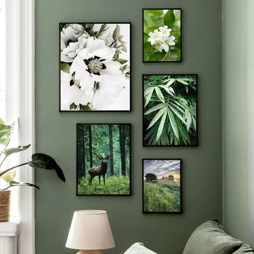 Green Forest Deer Waterfall Canvas Poster