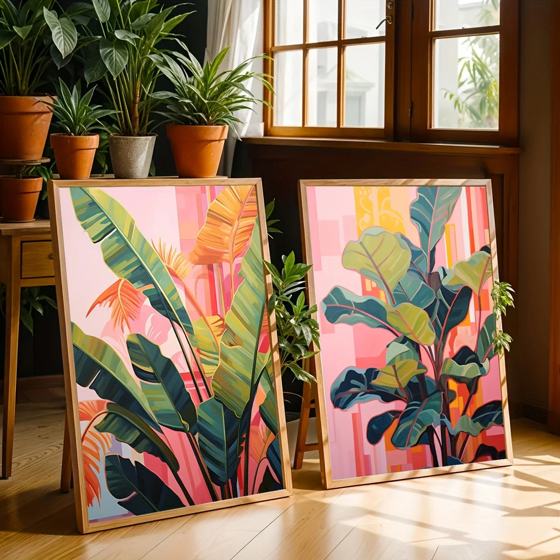2Pcs Boho Pink Palm Canvas Art Set