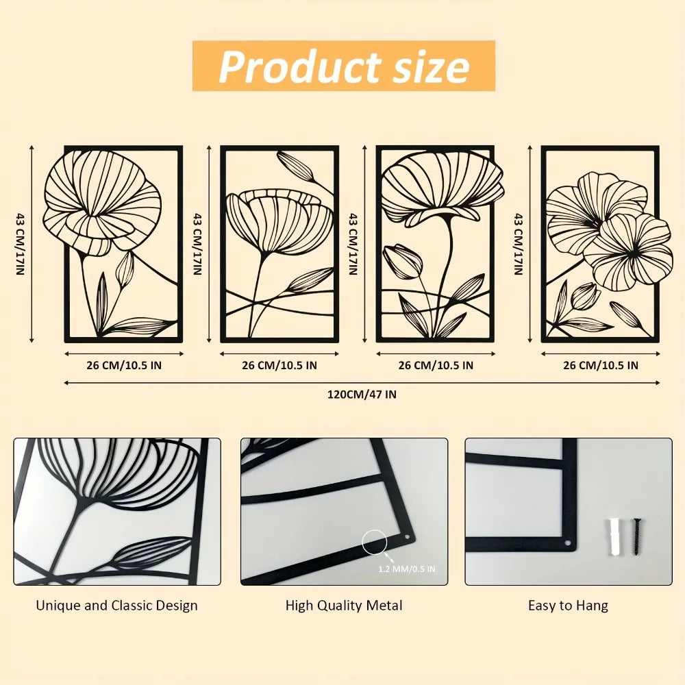 Lotus Flower Metal Wall Art – 4-Piece Set