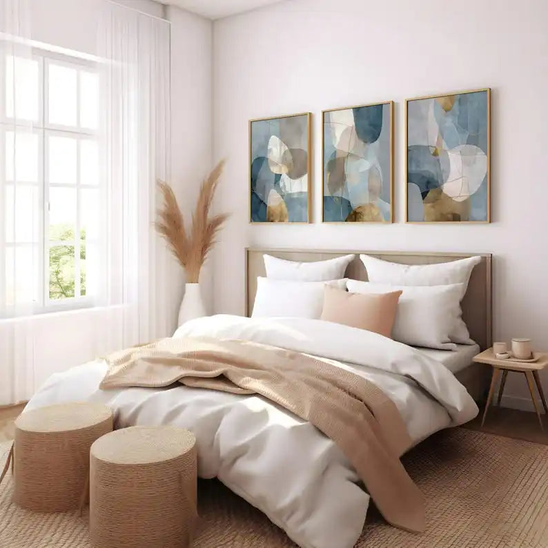 3PCS Abstract Blue Gold Geometric Canvas Set