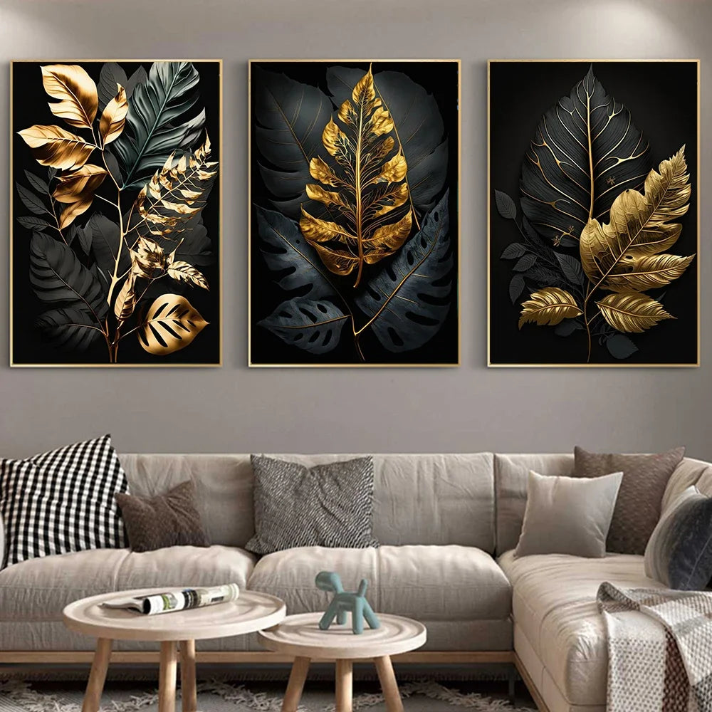 Black & Gold Abstract Leaf Canvas Poster