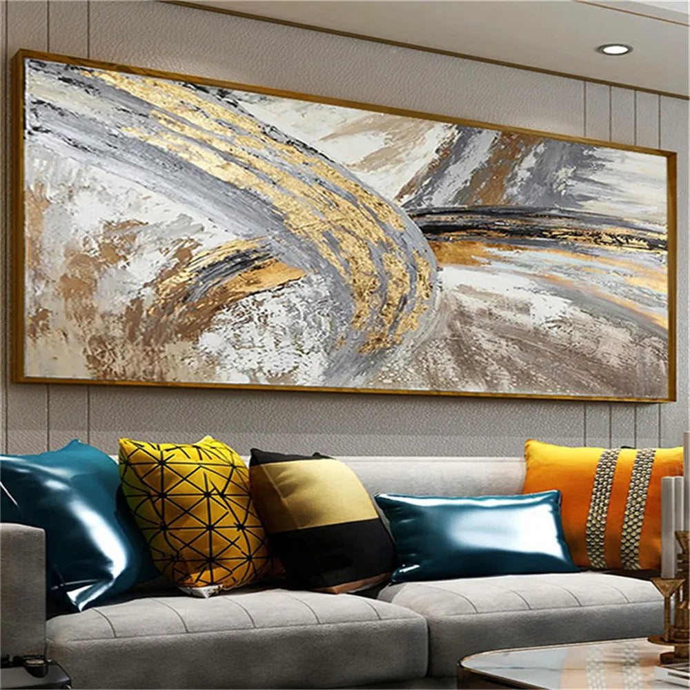 Hand-Painted Golden Line Abstract Oil Painting