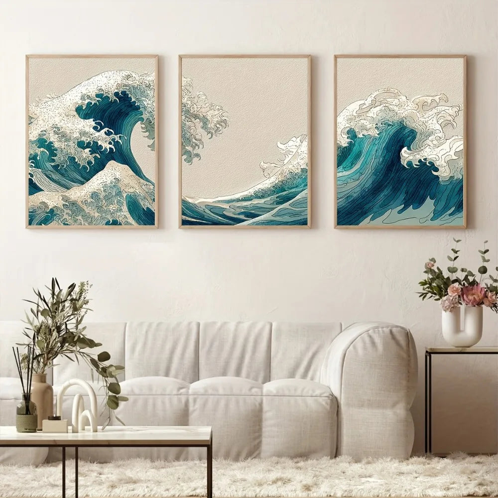 Japanese Wave Triptych Canvas Set