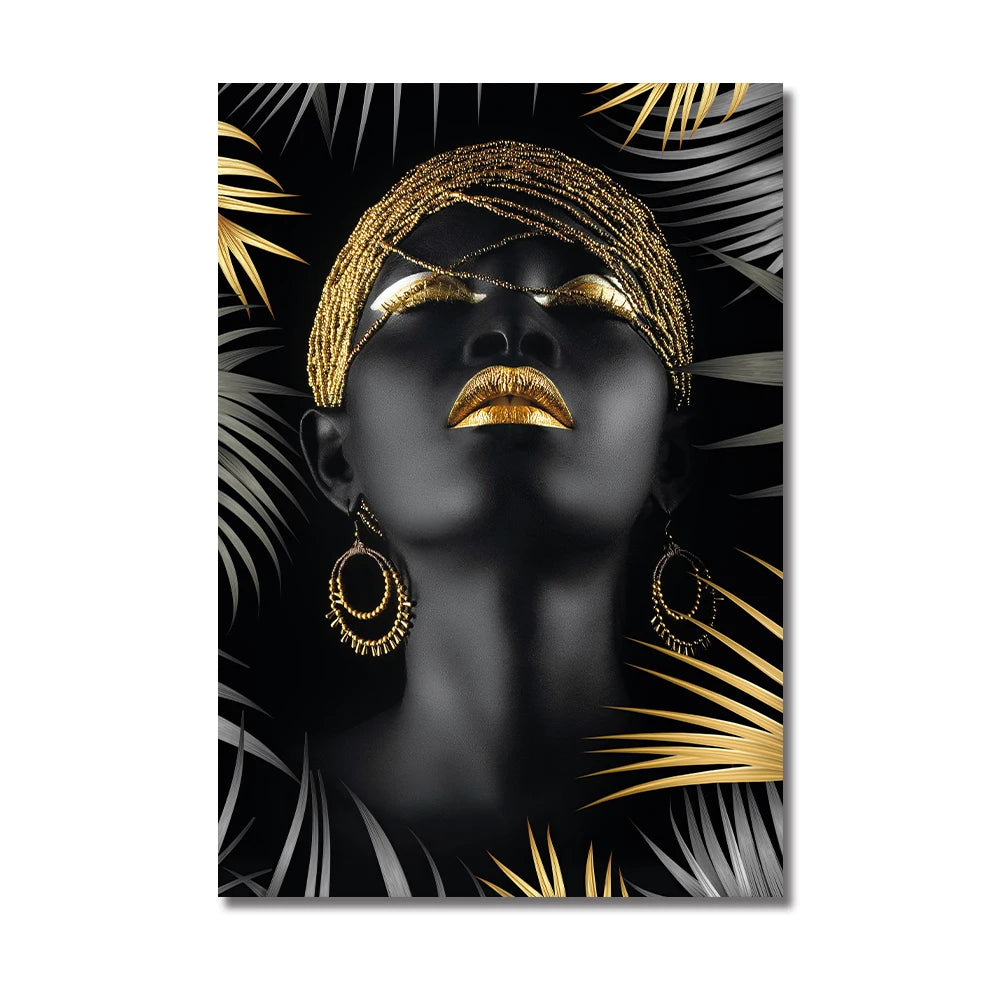 African Makeup Woman Black Gold Leaf Canvas Art