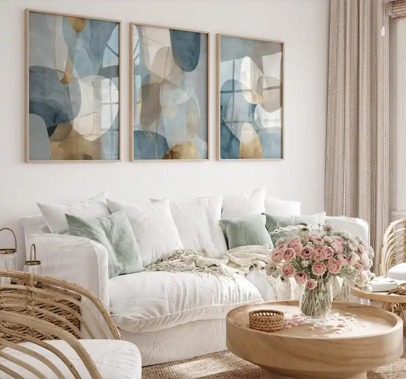 3PCS Abstract Blue Gold Geometric Canvas Set