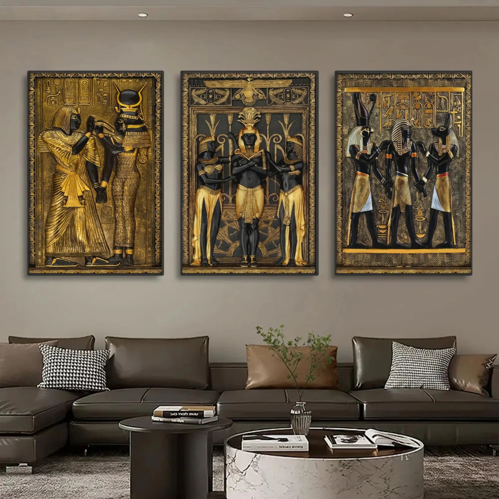 3PC Vintage Egyptian Black & Gold Canvas