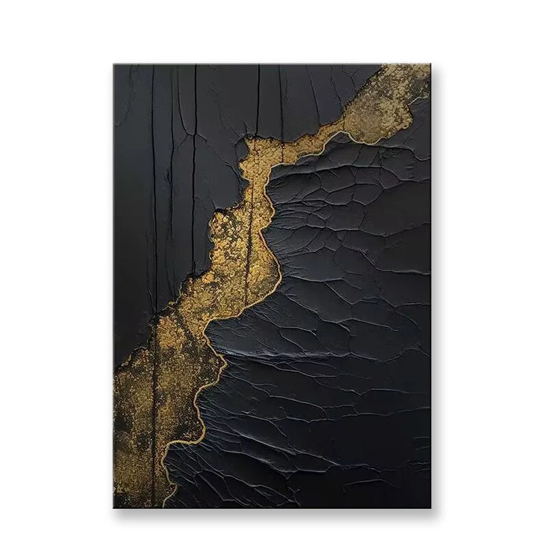 Modern Black Gold River Hand-Painted Oil Canvas