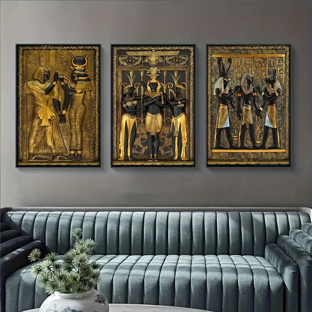 3PC Vintage Egyptian Black & Gold Canvas